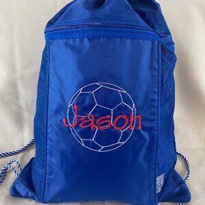 Thirty One Royal Blue Cinch Sac Spirit Collection Personalized Jason & Soccer